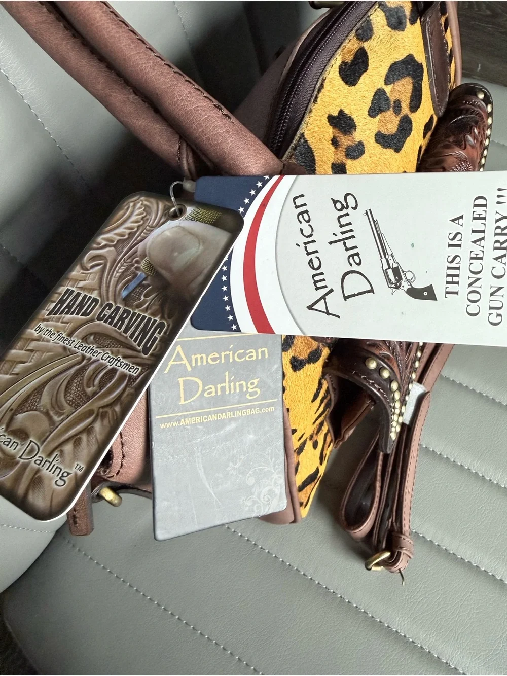 American Darling Leopard Tooled Leather Hair on Hide Cowhide Conceal Carry Bag